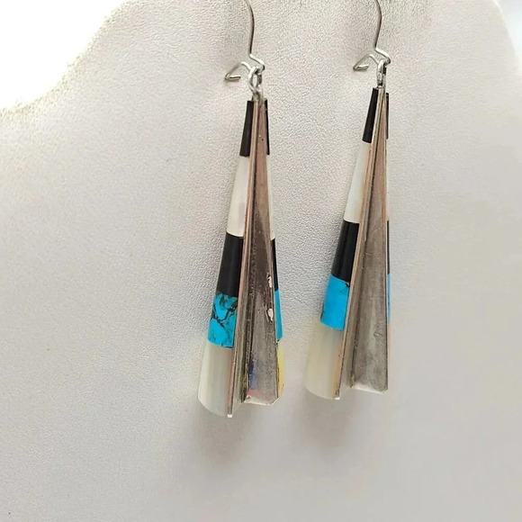 Zuni Sterling Silver Inlay Cone Shaped Dangle Earrings With Turquoise Onyx Shell - Picture 2 of 6
